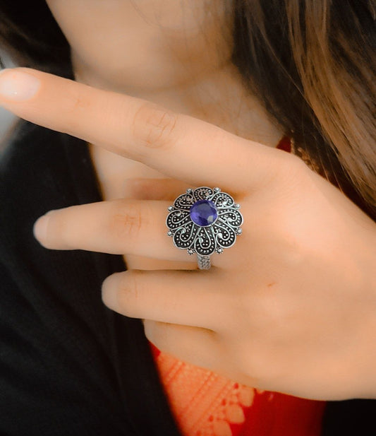 Oxidised Round Silver Stone Ring - Navy Blue (DR082T10440)