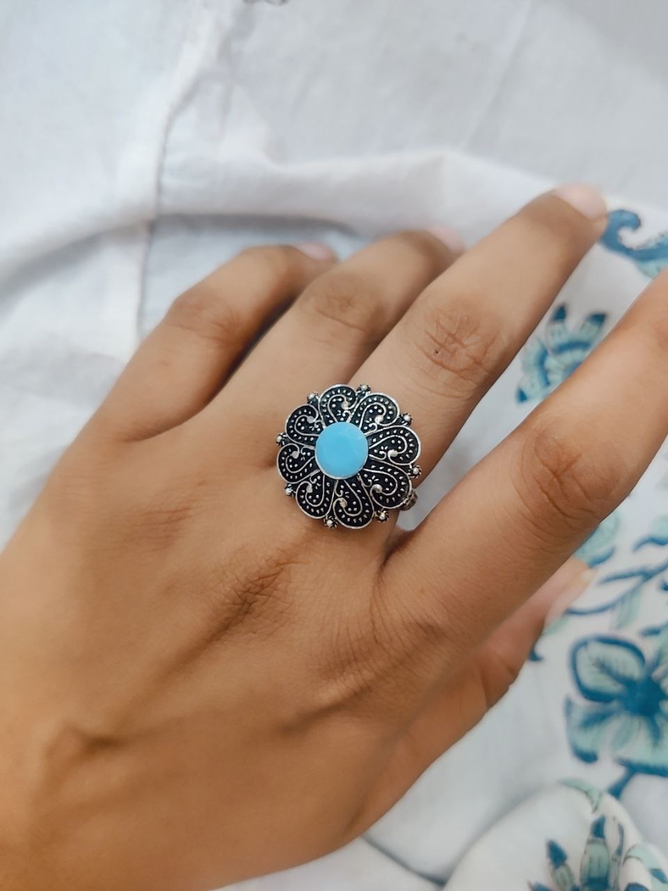 Oxidised Round  Silver Stone Ring -Turquoise (DR081T10440)