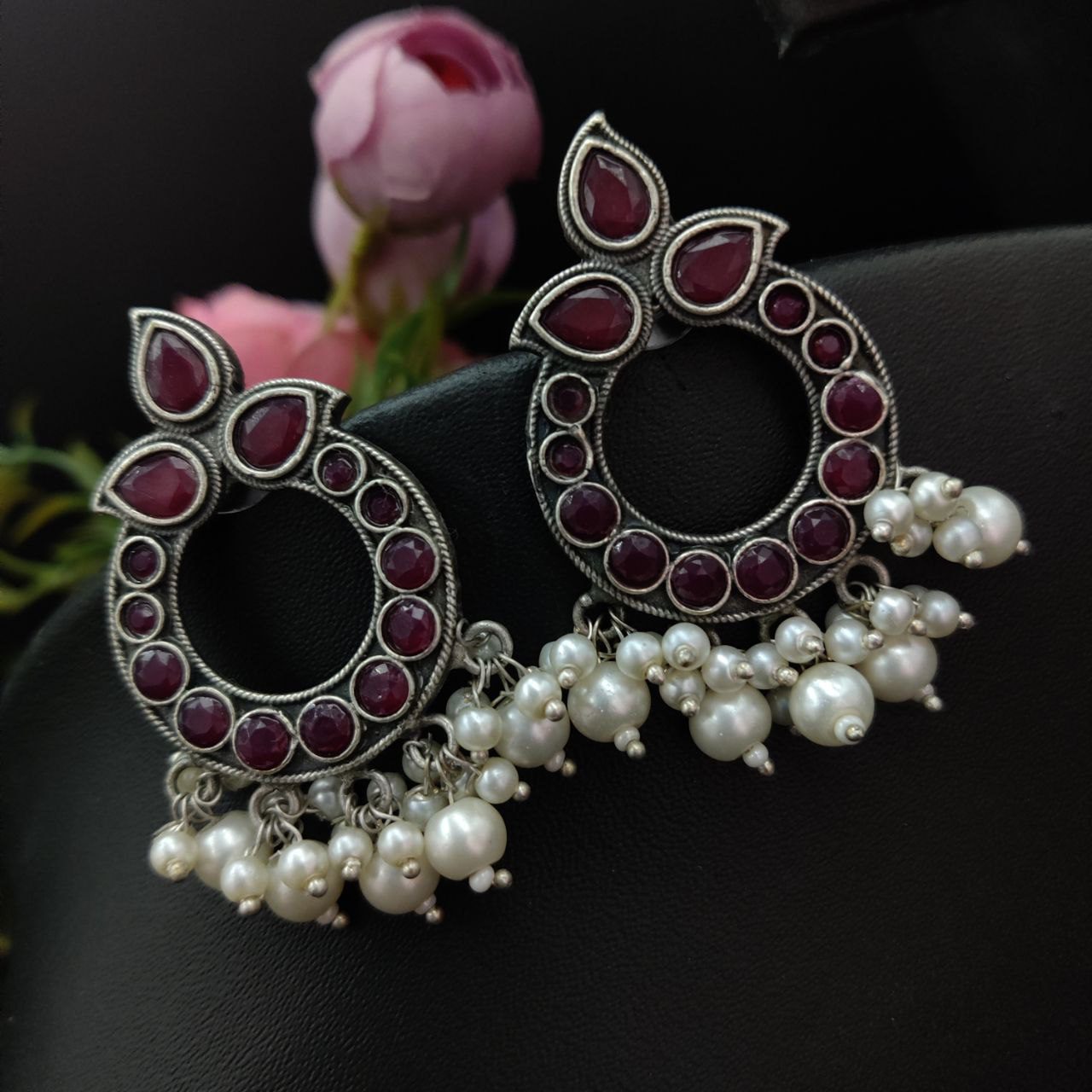 Oxidised Stone Work Stud Earrings - Pink (DN51197N20195)