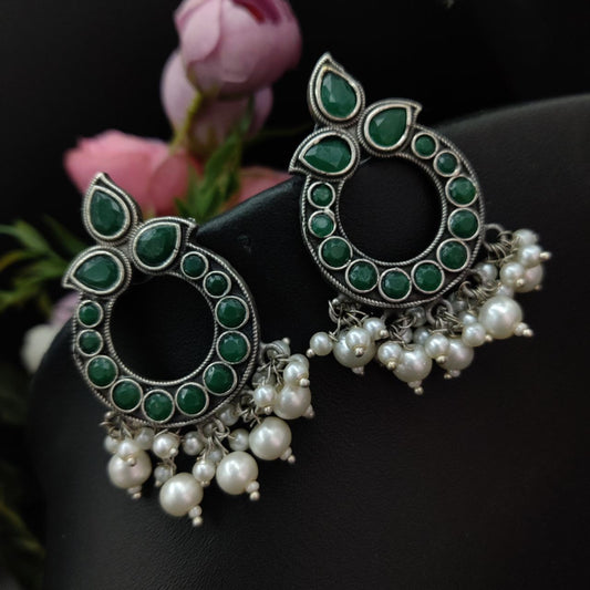 Oxidised Stone Work Stud Earrings - Green (DN51197N20195)