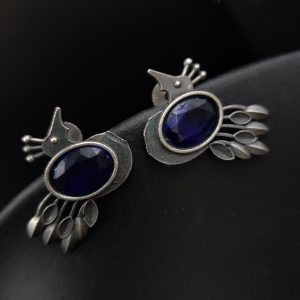 Premium Quality Bird Silver Replica Stone Stud Earrings - Black