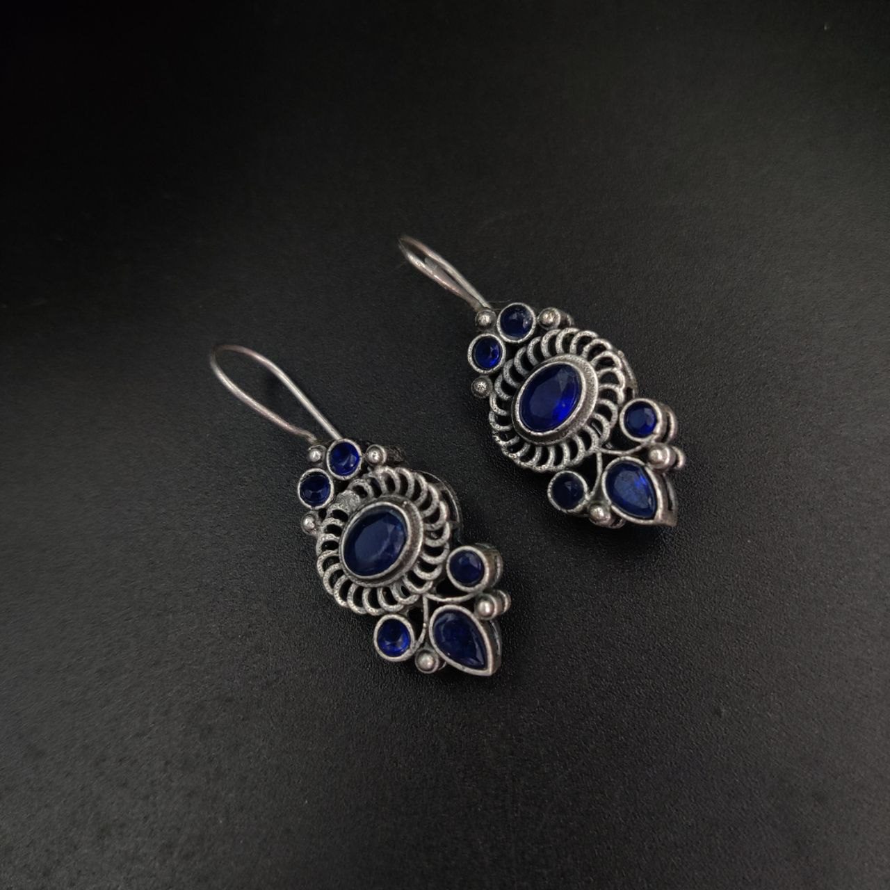 Premium Quality Silver Replica Stone Stud Earrings - Dark Blue