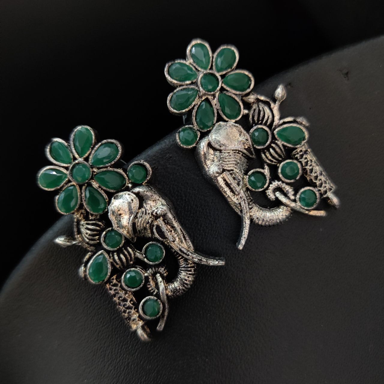 German Silver Oxidised Elephant Stud Earrings With Stone Work - Green