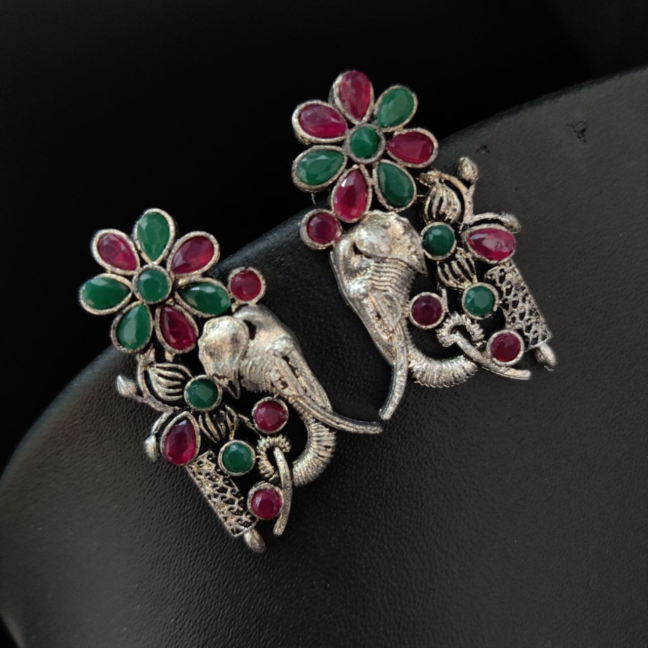 German Silver Oxidised Elephant Stud Earrings With Stone Work - Red Green