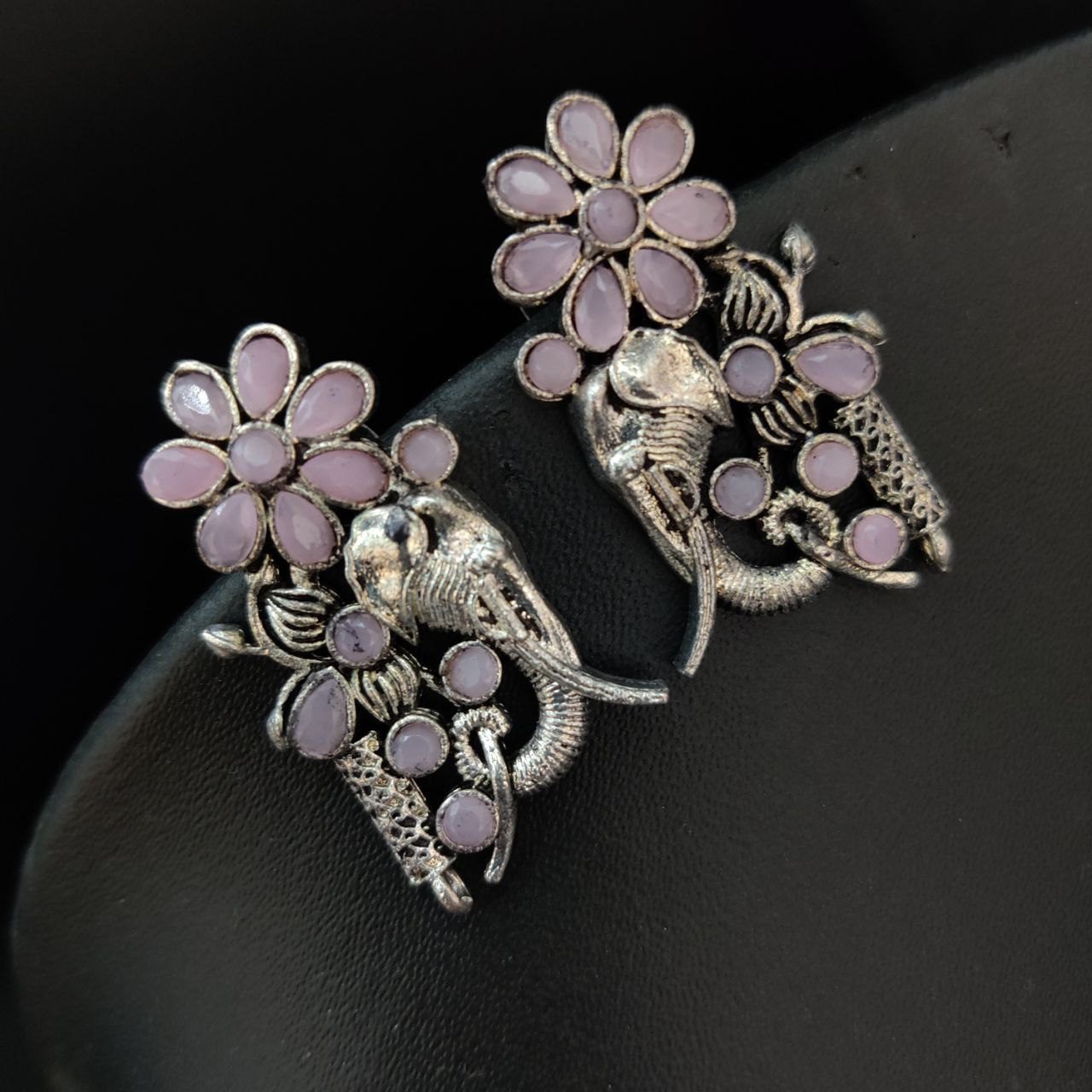 German Silver Oxidised Elephant Stud Earrings With Stone Work - Baby Pink