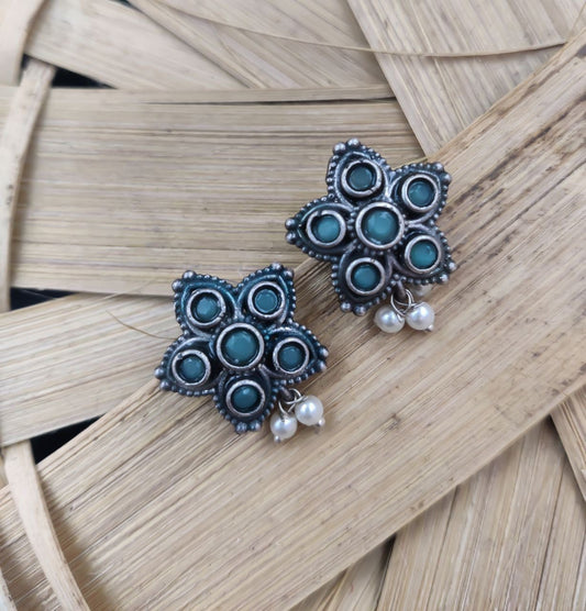 Silver Replica Flower Design Stud Earrings With Pearl & Stone Work - Mint Color