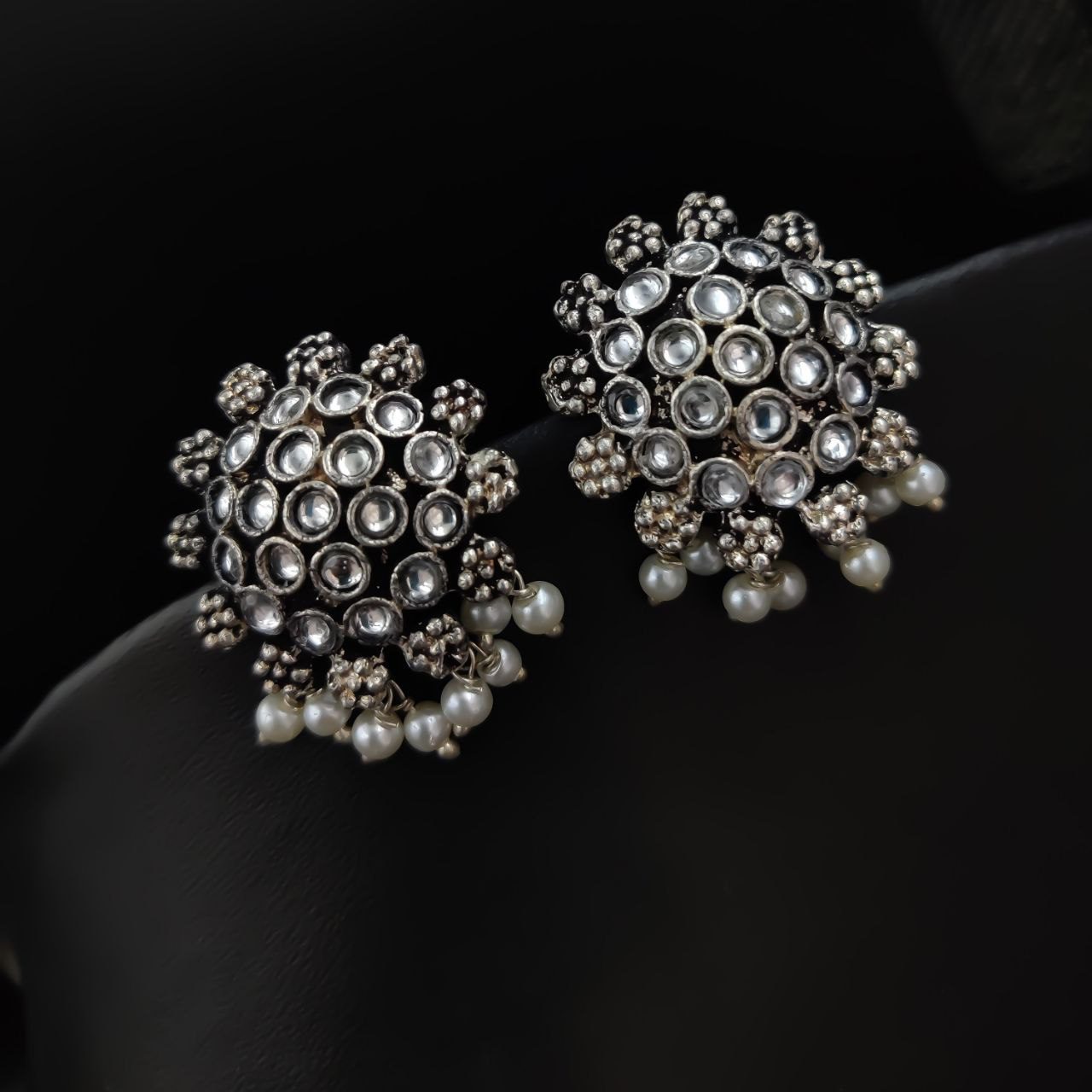 Oxidised Stone Studs with Pearl Work - White (DEU5204R50940)