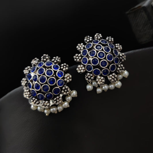 Oxidised Stone Studs with Pearl Work - Navy Blue (DEU5204R50940)