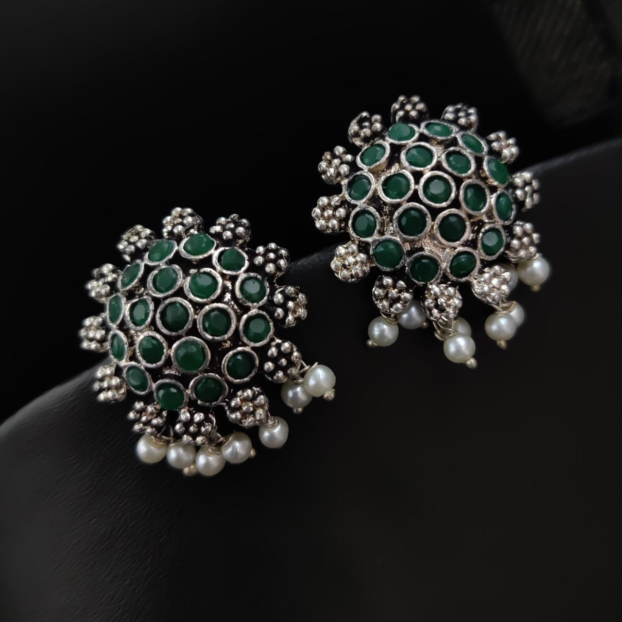 Oxidised Elegant German Silver Stone Studs with Pearl Work - Green