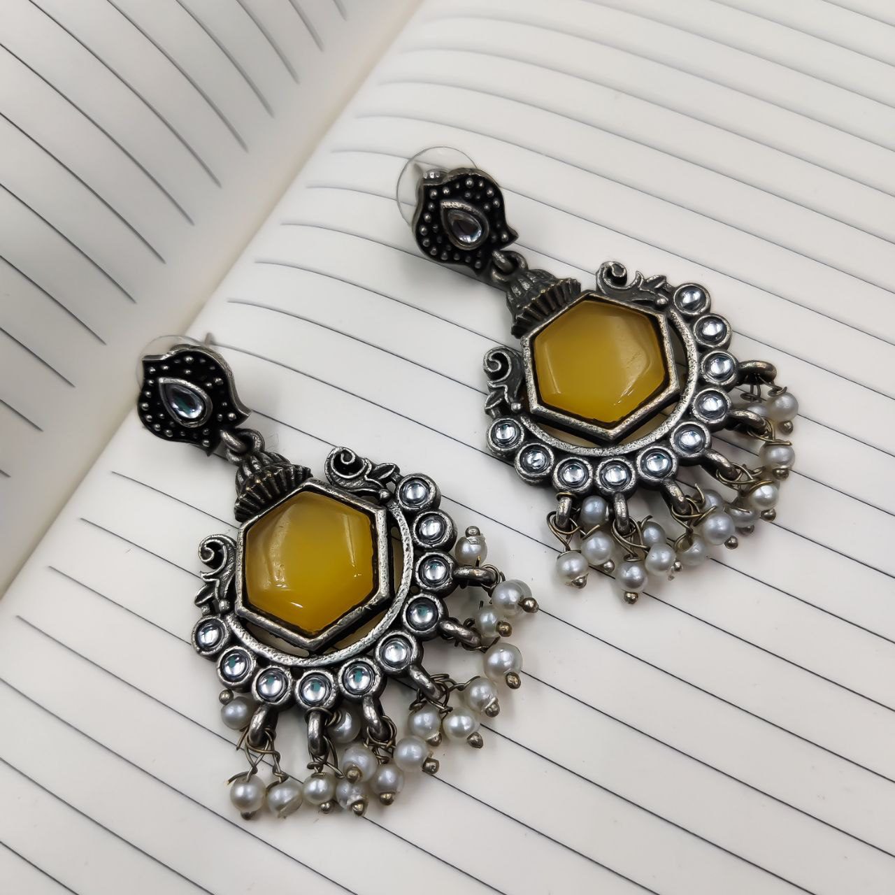 Oxidised Premium Quality Monalisa Stone Dangler Earrings - Yellow (DEA1243H210110)