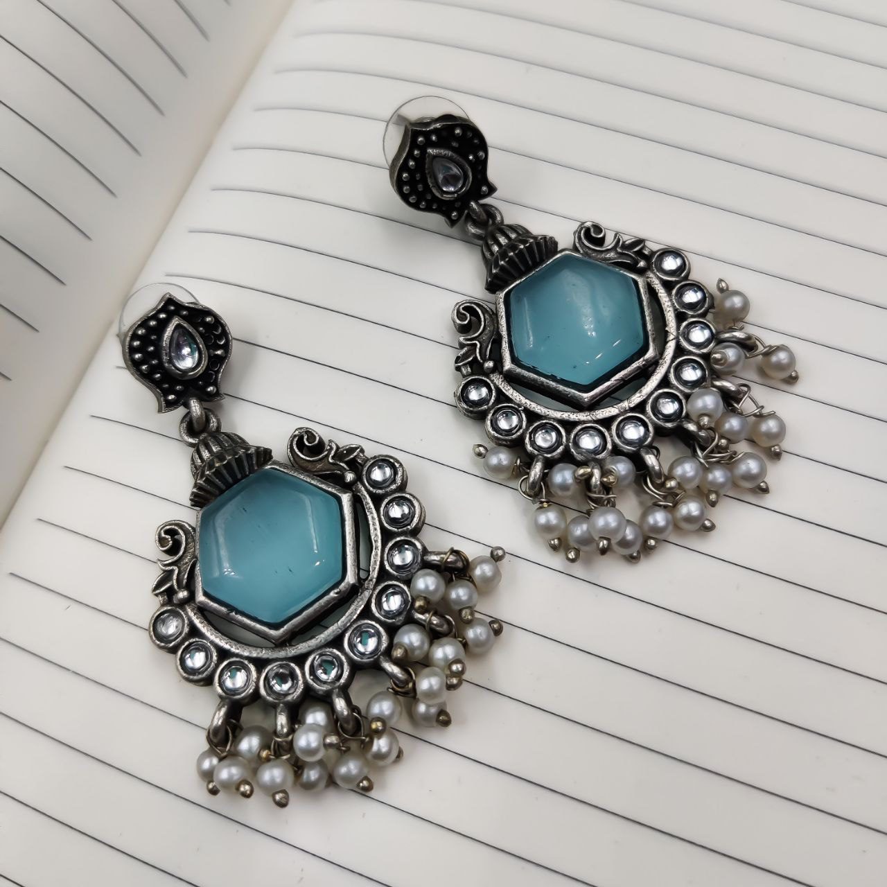 Premium Quality Silver Look Like Replica Monalisa Stone Stud Dangler Earrings - Aqua