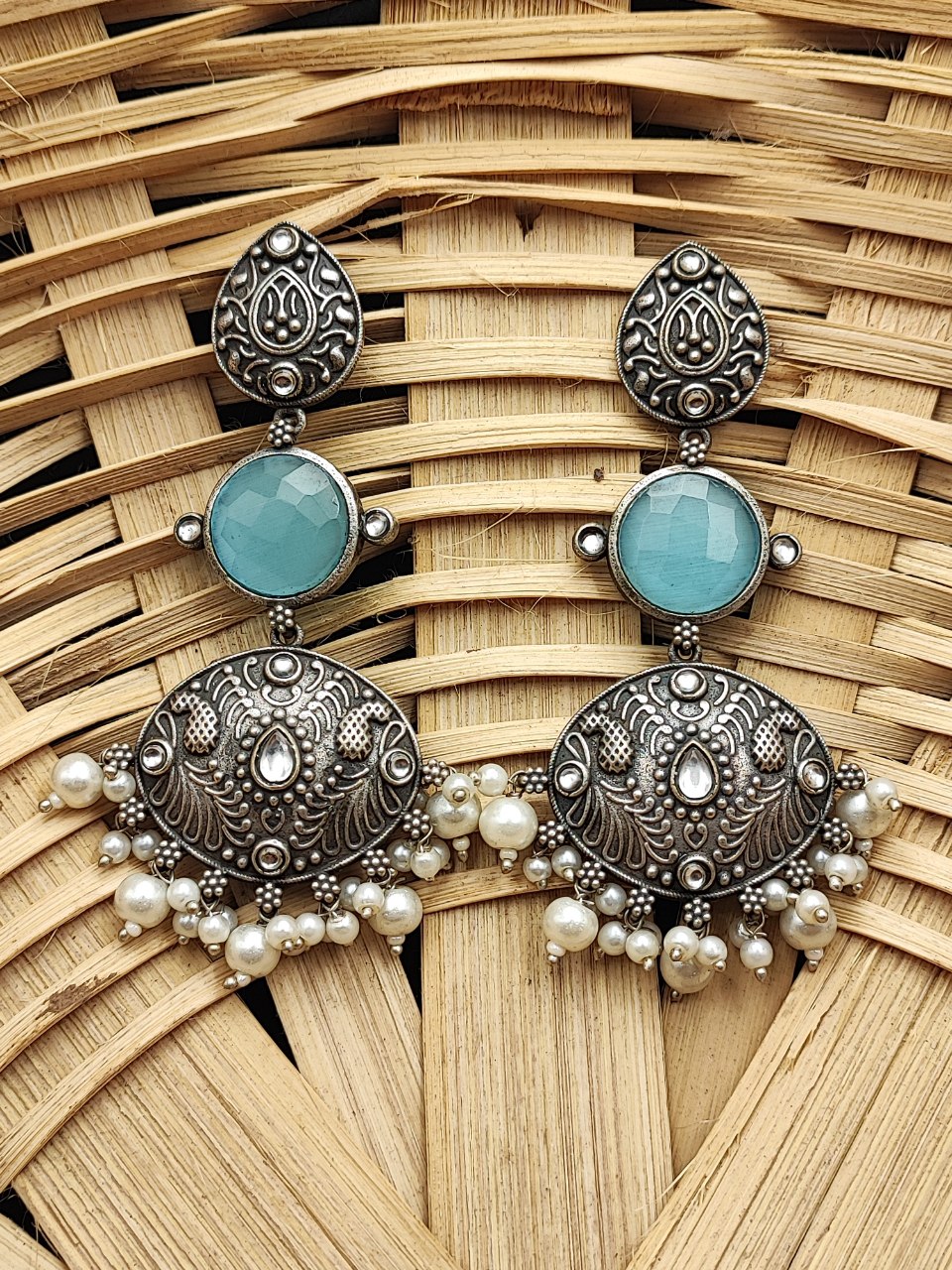 Premium Oxidised Monalisa Stone Stud Earrings - Aqua